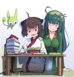 Rule 34 | 2girls, ahoge, all fours, angry, animal, artist name, book, book stack, breasts, brown hair, chabudai (table), cleavage, collarbone, commentary, constricted pupils, creature, dark green hair, electric plug, expressive hair, false smile, film grain, flat chest, floating, from below, green hairband, green jacket, hairband, hand on another&#039;s shoulder, handheld game console, headgear, hibi tsuna, holding, holding pen, jacket, japanese clothes, kimono, large breasts, multiple girls, nervous, obi, open book, open mouth, pen, red eyes, sash, scared, seiza, shaded face, siblings, sisters, sitting, smile, sparkle, sweat, sweatdrop, table, touhoku kiritan, touhoku zunko, voiceroid, wavy hair, white kimono, wide-eyed, wide sleeves, yellow eyes, zundamon
