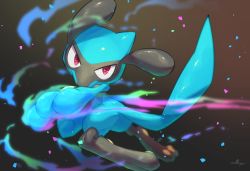 Rule 34 | commentary, creature, creatures (company), energy, full body, game freak, gen 4 pokemon, glowing, gradient background, hand up, highres, looking at viewer, nintendo, no humans, nullma, pokemon, pokemon (creature), red eyes, riolu, shiny skin, signature, solo, tail raised, toes