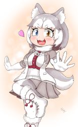 Rule 34 | animal ear fluff, animal ears, blue eyes, boots, commentary request, dog (mixed breed) (kemono friends), dog ears, dog girl, dog tail, elbow gloves, fangs, gloves, harness, heterochromia, highres, kemono friends, multicolored hair, nanachii (nanatidayo), skirt, solo, tail, two-tone hair, white hair, yellow eyes