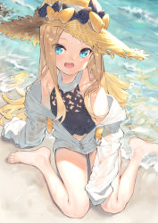 Rule 34 | 1girl, abigail williams (fate), absurdres, bare shoulders, beach, black bow, black one-piece swimsuit, blonde hair, blue eyes, blush, bow, breasts, fate/grand order, fate (series), feet, forehead, grey jacket, hat, highres, jacket, joker (tomakin524), legs, long hair, long sleeves, looking at viewer, multiple bows, navel, off shoulder, one-piece swimsuit, open mouth, orange bow, parted bangs, polka dot, polka dot bow, sitting, sleeves past fingers, sleeves past wrists, small breasts, smile, straw hat, swimsuit, wariza