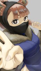 Rule 34 | 1girl, absurdres, animal ears, blue kimono, boku no hero academia, brown eyes, brown hair, character name, commentary request, fengling (furin-jp), fur-trimmed kimono, fur trim, hands up, highres, japanese clothes, kimono, looking at viewer, mask, medium hair, mouth mask, solo