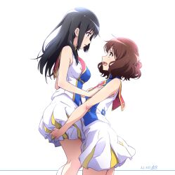 Rule 34 | 2girls, :d, artist name, band uniform, blue shirt, breasts, brown hair, commentary request, dated, hibike! euphonium, highres, holding, kousaka reina, lifting person, looking at another, medium breasts, miniskirt, multiple girls, nii manabu, no headwear, open mouth, oumae kumiko, parody, parted lips, pleated skirt, scene reference, shirt, signature, skirt, sleeveless, sleeveless shirt, smile, style parody, two-tone shirt, white background, white shirt, white skirt, yuri