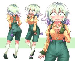 Rule 34 | 1girl, adapted costume, blush, breasts, buttons, collared shirt, commentary request, diamond button, eyeball, frilled sleeves, frills, full body, gradient hair, green eyes, green hair, green shorts, komeiji koishi, long sleeves, looking at viewer, medium breasts, medium hair, multicolored hair, multiple views, open mouth, pink hair, shimizu pem, shirt, shorts, smile, suspender shorts, suspenders, third eye, touhou, yellow shirt