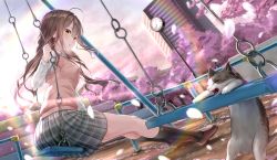 Rule 34 | 1girl, ahoge, animal, black socks, blush, brown eyes, brown hair, building, cat, cherry blossoms, commentary request, day, highres, kachayori, kneehighs, loafers, long hair, long sleeves, open mouth, original, outdoors, petals, plaid, plaid skirt, playground, pleated skirt, school uniform, shirt, shoes, sitting, skirt, socks, solo, sweater vest, swing, swing set, tree, wavy hair, white shirt