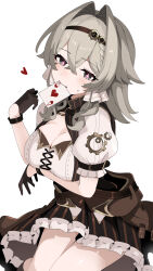 Rule 34 | 1girl, absurdres, ace (playing card), alternate costume, awe (adorableduckyy), black gloves, blush, braid, breasts, brown gloves, card, card in mouth, cleavage, crossed bangs, food, gear hair ornament, gloves, hair between eyes, hair intakes, hairband, headband, heart, highres, holding, honkai (series), honkai impact 3rd, large breasts, long hair, looking at viewer, medium hair, mouth hold, playing card, puffy sleeves, short sleeves, simple background, sitting, solo, thighs, vill-v, white background