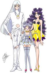 Rule 34 | 1boy, 2girls, ;d, artemis (sailor moon), artemis (sailor moon) (human), bishoujo senshi sailor moon, bishounen, blue eyes, boots, cat tail, choker, crescent, crescent earrings, crescent facial mark, crescent necklace, diana (sailor moon), diana (sailor moon) (human), earrings, facial mark, father and daughter, forehead mark, full body, grey hair, grey legwear, grey skirt, hair bun, hand on own hip, jewelry, long hair, luna (sailor moon), luna (sailor moon) (human), marco albiero, mother and daughter, multiple girls, necklace, one eye closed, open mouth, pants, personification, purple hair, red eyes, shirt, shoes, short hair, signature, single hair bun, skirt, smile, standing, tail, thigh boots, thighhighs, toeless footwear, very long hair, wavy hair, white background, white footwear, white hair, white pants, white shirt, yellow footwear, yellow skirt