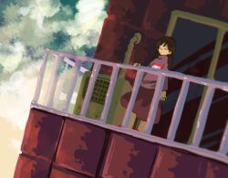 Rule 34 | 1girl, balcony, braid, brown hair, closed eyes, closed mouth, commentary request, day, dutch angle, flat chest, kaigen 1025, long hair, long sleeves, madotsuki, pink sweater, red skirt, skirt, sky, solo, sweater, turtleneck, turtleneck sweater, twin braids, yume nikki