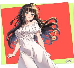 Rule 34 | 1girl, ahoge, bare shoulders, blue eyes, blush, brown hair, cowboy shot, dress, floating hair, frilled dress, frills, highres, long hair, looking at viewer, medium hair, off-shoulder dress, off shoulder, open mouth, original, outside border, pukur, red background, short sleeves, signature, smile, solo, standing, twitter username, white dress