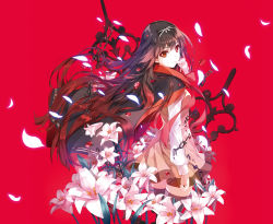 Rule 34 | 1girl, brown hair, cape, chain, dress, flower, hand on own face, kuroya shinobu, lily (flower), long hair, looking back, ninomiya anju, petals, red background, red eyes, simple background, solo, taiyou no channel, thighhighs, zettai ryouiki