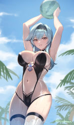 Rule 34 | 1girl, alternate costume, arms up, asymmetrical hair, ball, bare arms, beachball, black hairband, blue hair, blue sky, breasts, brown eyes, cloud, commentary request, covered erect nipples, covered navel, cowboy shot, cuboon, day, eula (genshin impact), food, from below, fruit, genshin impact, hairband, holding, holding ball, large breasts, looking at viewer, medium hair, one-piece swimsuit, outdoors, palm tree, parted lips, see-through, sky, smile, solo, swimsuit, thigh strap, thighhighs, thighs, tree, twitter username, wet, white thighhighs