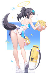 Rule 34 | 1girl, absurdres, animal ears, ass, back, backless outfit, bare arms, bare shoulders, black hair, blue archive, blue eyes, blue panties, breasts, cheerleader, crop top, dog ears, dog girl, dog tail, dorare, from behind, full body, goggles, goggles on head, halo, hibiki (blue archive), hibiki (cheer squad) (blue archive), highres, holding, long hair, looking at viewer, medium breasts, millennium cheerleader outfit (blue archive), miniskirt, panties, pleated skirt, pom pom (cheerleading), ponytail, skirt, sleeveless, solo, tail, underwear, white footwear, white panties, white skirt