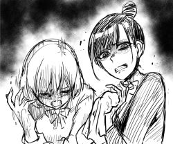Rule 34 | 2girls, after handjob, angry, blush, bose macchan, bow, bowtie, clenched teeth, commentary request, crying, cum, cum on hands, despair, disgust, dripping, furrowed brow, greyscale, halftone, hand up, holding, holding towel, leaning forward, long sleeves, looking at viewer, monochrome, multiple girls, open mouth, original, short hair, sketch, teeth, towel, turn pale, upper body