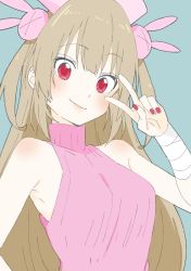 Rule 34 | 1girl, absurdres, armpits, bad id, bad twitter id, bandages, bare shoulders, blush, closed mouth, donguri suzume, from below, hair ornament, hat, highres, light brown hair, long hair, looking at viewer, natori sana, nurse cap, pink hat, rabbit hair ornament, red eyes, sana channel, sleeveless, sleeveless turtleneck, smile, solo, standing, turtleneck, two side up, upper body, v, v over eye, virtual youtuber