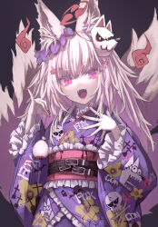 Rule 34 | 1girl, animal ear fluff, animal ears, black background, black nails, fangs, fingernails, fox ears, fox mask, fox shadow puppet, fox tail, frilled sleeves, frills, highres, japanese clothes, kimono, long hair, long sleeves, looking at viewer, mask, mask on head, multiple tails, nail polish, obi, open mouth, original, osobachan, purple kimono, red eyes, red nails, sash, short eyebrows, simple background, smile, solo, tail, upper body, white hair, white nails, wide sleeves