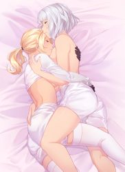 Rule 34 | 2girls, ass, back, bare legs, bare shoulders, bed, between legs, black gloves, blonde hair, breasts, character request, couple, closed eyes, female focus, from above, gloves, grin, highres, hug, iwbitu, kneepits, leg between thighs, legs, long hair, long sleeves, lying, medium breasts, midriff, multiple girls, on bed, on side, original, parted lips, ponytail, prosthesis, prosthetic arm, short hair, shorts, shrug (clothing), sideboob, silver hair, sleeping, smile, thighhighs, topless, underboob, white legwear, white shorts, yuri