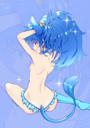 Rule 34 | 10s, 1girl, animal ears, arms up, ass, back, bikini, bikini bottom only, blue background, blue bikini, blue eyes, blue hair, breasts, cat ears, cat tail, cure gelato, extra ears, frilled bikini, frills, from behind, kirakira precure a la mode, long hair, looking at viewer, looking back, magical girl, nipples, precure, shiny skin, sitting, small breasts, smile, solo, swimsuit, tail, tategami aoi, topless, yuto (dialique)