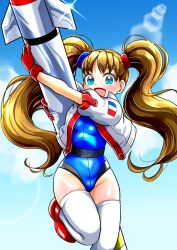 Rule 34 | 1girl, athletic leotard, blue eyes, blue leotard, blush, boots, breasts, brown hair, carrying, gloves, hiro68, jacket, leg up, leotard, long hair, missile, numan athletics, open mouth, outdoors, red footwear, red gloves, sharon les halles, short sleeves, smile, solo, standing, standing on one leg, thighhighs, thighs, twintails, white jacket, white thighhighs