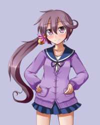 Rule 34 | 10s, 1girl, akebono (kancolle), bell, blue skirt, blush, cardigan, cowboy shot, flower, hair bell, hair flower, hair ornament, hands on own hips, jingle bell, kantai collection, looking at viewer, mono (mono60), neckerchief, pleated skirt, purple eyes, purple hair, sailor collar, school uniform, serafuku, side ponytail, simple background, skirt, smile, solo