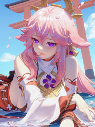 Rule 34 | 1girl, :p, absurdres, animal ears, bare shoulders, blue sky, breasts, fox ears, genshin impact, hair between eyes, hair ornament, highres, japanese clothes, large breasts, long hair, long sleeves, lying, naglus, nontraditional miko, on stomach, petals, pink hair, purple eyes, sideboob, sky, solo, tongue, tongue out, water, wide sleeves, yae miko