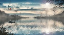 Rule 34 | bare tree, bird, blurry foreground, boat, chinese commentary, chinese text, flock, fog, hat, hill, lake, lens flare, misty lake, original, reflection, ripples, scenery, signature, sky, skyrick9413, straw hat, sun, sunlight, tree, water, watercraft