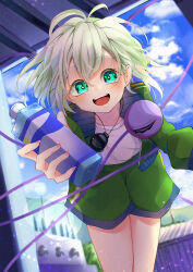 Rule 34 | 1girl, absurdres, adapted costume, blue sky, blush, bottle, calpis118, casual, cloud, collarbone, commentary, dutch angle, eyelashes, green eyes, green hair, green jacket, green shorts, heart, heart of string, highres, holding, holding bottle, indoors, jacket, komeiji koishi, lens flare, looking at viewer, open clothes, open jacket, open mouth, outstretched arm, pov, reaching, reaching towards viewer, shirt, short hair, shorts, sky, smile, solo, sparkle, sportswear, stopwatch, teeth, thighs, touhou, upper teeth only, watch, wavy hair, white shirt