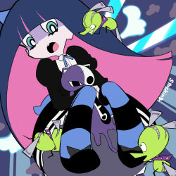 Rule 34 | 10s, 1girl, :o, beam, black dress, blue eyes, character name, chuck (psg), colored inner hair, dress, energy sword, fukushima (jfierd), goth fashion, gothic lolita, head back, highres, lolita fashion, long hair, monster, multicolored hair, open mouth, panty &amp; stocking with garterbelt, pantyhose, pink hair, purple hair, solo, stocking (psg), striped clothes, striped pantyhose, sword, two-tone hair, wavy mouth, weapon