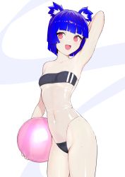 Rule 34 | 1girl, animal ear fluff, animal ears, arm behind head, arm up, armpits, ball, blue hair, blunt bangs, blunt ends, breasts, collarbone, cowboy shot, fang, gris (vertigris), gris swimsuit, highres, holding, holding ball, looking at viewer, meme attire, navel, one-piece swimsuit, open mouth, original, pink eyes, see-through, short hair, small breasts, solo, strapless, strapless one-piece swimsuit, swimsuit, tongue, vertigris, wet, white background