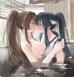 Rule 34 | 2girls, absurdres, bath, bathing, black hair, blush, grabbing another&#039;s breast, breasts, brown hair, closed mouth, clothed female nude female, collarbone, couple, day, eye contact, eyebrows hidden by hair, from side, grabbing, groping, hair intakes, half-closed eyes, high ponytail, highres, hug, imminent kiss, indoors, japanese clothes, kantai collection, kisetsu, large breasts, long hair, looking at another, multiple girls, neck, nude, onsen, open mouth, partially submerged, ponytail, purple eyes, red eyes, school uniform, serafuku, short sleeves, sidelocks, sleeves rolled up, very long hair, water, wet, wet clothes, wet hair, yahagi (kancolle), yamato (kancolle), yuri