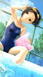 Rule 34 | 1girl, armpits, barefoot, black eyes, black hair, caustics, chain-link fence, cloud, competition school swimsuit, competition swimsuit, day, dutch angle, feet, fence, goggles, goggles around neck, goggles on head, hand on own ear, hand on own ear, kickboard, kobayakawa rinko, love plus, mino tarou, one-piece swimsuit, outdoors, pool, poolside, purple hair, school swimsuit, short hair, sitting, soaking feet, solo, swimsuit, underwater, water