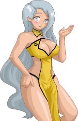 Rule 34 | 1girl, aliasing, bare shoulders, blush, breasts, cameltoe, cleavage, cleavage cutout, cleft of venus, clothing cutout, covered erect nipples, cowboy shot, detached collar, dress, grey eyes, grey hair, hand on own hip, large breasts, looking at viewer, lowres, nchallenge, nchans, no bra, pelvic curtain, standing, strapless, strapless dress, thong, transparent background, warner, yatchan, yellow dress