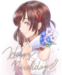 Rule 34 | 1girl, blue flower, bouquet, breasts, brown hair, clothing cutout, flower, hair behind ear, highres, hisashu akari, holding, holding bouquet, medium breasts, mole, mole under eye, pink eyes, pink flower, pink sweater, r-noise, shoulder cutout, smile, solo, sweater, upper body, virtual kouhou taishi project, virtual youtuber