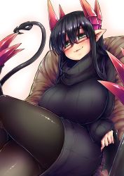 Rule 34 | :&gt;, absurdres, arms under breasts, black hair, black sweater, black tail, blush, breasts, demon horns, demon tail, demon wings, dress, glasses, green eyes, highres, horns, huge breasts, crossed legs, long hair, long sleeves, merii (mazohaha), musuko ga kawaikute shikatanai mazoku no hahaoya, official style, pantyhose, parted lips, pointy ears, red horns, ribbed sweater, semi-rimless eyewear, simple background, sitting, sleeves past wrists, solo, straight hair, sweater, sweater dress, tail, thick thighs, thighs, turtleneck, turtleneck sweater, under-rim eyewear, wings, zyugoya