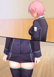 Rule 34 | 1girl, arms at sides, black jacket, black skirt, black thighhighs, breasts, clenched teeth, embarrassed, faceless, faceless female, female focus, from side, highres, indoors, jacket, legs together, long sleeves, lower body, maanii, medium breasts, miniskirt, multiple views, nijisanji, peeing, peeing self, pink hair, shiny skin, shirt, short hair, skindentation, skirt, standing, steam, teeth, thighhighs, upper body, virtual youtuber, wet, wet clothes, white shirt, yuuhi riri, zettai ryouiki