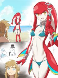 Rule 34 | 1boy, 1girl, bikini, blonde hair, blue eyes, blush, breasts, colored skin, fins, fish girl, hair ornament, jewelry, link, long hair, looking at viewer, mipha, monbetsu kuniharu, monster girl, multicolored skin, nintendo, no eyebrows, open mouth, pointy ears, red skin, smile, swimsuit, the legend of zelda, the legend of zelda: breath of the wild, yellow eyes, zora