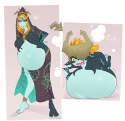 Rule 34 | 1girl, anklet, barefoot, big belly, breasts, colored sclera, eyeshadow, fang, female focus, full body, hand on own hip, hellbrain, highres, jewelry, large breasts, looking at viewer, makeup, midna, midna (true), multicolored skin, nintendo, orange hair, pregnant, red eyes, solo, the legend of zelda, the legend of zelda: twilight princess, two-tone skin, yellow sclera