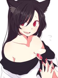 Rule 34 | 1girl, animal ears, bianco (mapolo), black hair, breasts, brooch, cleavage, collarbone, female focus, fingernails, flying sweatdrops, imaizumi kagerou, jewelry, large breasts, long fingernails, long hair, looking to the side, nail polish, off shoulder, open mouth, own hands together, red eyes, sharp fingernails, sharp teeth, simple background, smile, solo, teeth, touhou, upper body, white background, wolf ears