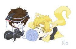Rule 34 | 2boys, all fours, animal ears, artist request, black eyes, black footwear, black jacket, black necktie, black pants, blonde hair, brown eyes, brown hair, cat boy, cat ears, cat tail, character request, copyright request, gakuran, gloves, jacket, looking at viewer, multiple boys, necktie, pants, paw gloves, paw shoes, paws, school uniform, shirt, shoes, short hair, short sleeves, sitting, tail, white background, white shirt, yarn, yarn ball, yellow footwear, yellow gloves