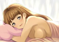 Rule 34 | 10s, 1girl, :d, bed, bed sheet, blanket, blunt bangs, breasts, brown hair, granblue fantasy, hair down, juliet (granblue fantasy), kurosawa shouichi, looking at viewer, lying, medium breasts, naked sheet, nude, on bed, on stomach, open mouth, pillow, purple eyes, smile, solo