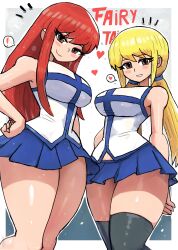 Rule 34 | !, 2girls, absurdres, black thighhighs, blonde hair, blue skirt, blush, breasts, brown eyes, erza scarlet, fairy tail, grey background, grin, hand on own hip, heart, highres, large breasts, long hair, looking at viewer, low twintails, lucy heartfilia, multiple girls, red hair, shirt, sidelocks, skirt, sleeveless, sleeveless shirt, smile, sparkle, speech bubble, spoken exclamation mark, spoken heart, spoken sparkle, standing, teeth, thick thighs, thighhighs, thighs, tony welt, twintails, white shirt