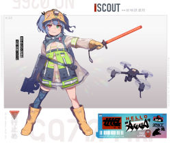 Rule 34 | 1girl, armband, atte nanakusa, barcode, bikini, blue hair, boots, bullpup, camouflage, camouflage legwear, drone, gloves, green eyes, gun, hair through headwear, heterochromia, high-visibility vest, high visibility jacket, highres, holding, holding gun, holding weapon, micro bikini, original, p90, personal defense weapon, red eyes, rubber boots, see-through, simple background, single thighhigh, submachine gun, swimsuit, thighhighs, traffic baton, twintails, unmanned aerial vehicle, weapon