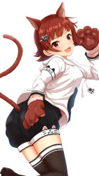 Rule 34 | 1girl, :d, animal ears, animal hands, animal print, black shorts, black thighhighs, blush, breasts, brown eyes, brown footwear, brown hair, cat ears, cat hair ornament, cat paws, cat print, cat tail, dot nose, fake animal ears, fake tail, fang, from behind, hair ornament, hairclip, hand up, highres, hood, hood down, hoodie, idolmaster, idolmaster million live!, idolmaster million live! theater days, long sleeves, looking at viewer, looking back, medium breasts, nagmilk, nonohara akane, open mouth, pink shirt, print hoodie, print shorts, shirt, short hair, shorts, simple background, smile, solo, standing, standing on one leg, tail, thighhighs, white background, white hoodie