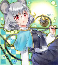 Rule 34 | animal ears, basket, capelet, crystal, dowsing rod, dress, grey dress, grey hair, grey skirt, grey vest, jewelry, layered clothes, long sleeves, mouse (animal), mouse ears, mouse girl, mouse tail, nazrin, nordic niku, pendant, red eyes, shirt, short hair, skirt, skirt set, solo, tail, touhou, vest, white capelet, white shirt