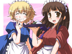 Rule 34 | 2girls, :d, ^ ^, apron, blonde hair, blunt bangs, blush, body blush, brown eyes, brown hair, closed eyes, facing viewer, food, food on face, food request, frilled apron, frills, hand to own mouth, holding, holding tray, japanese clothes, kimono, long hair, looking at viewer, maid, maid headdress, multiple girls, open mouth, original, osamada meika, outside border, pink background, short hair, sleeves pushed up, smile, tasuki, tray, wa maid, wagashi, waist apron, waitress, white apron