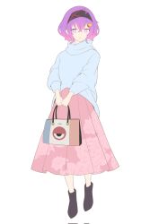 Rule 34 | 1girl, adapted costume, alternate costume, bag, black footwear, blue shirt, boots, contemporary, eyebrows hidden by hair, full body, gogo no cochan, hair ornament, hairband, highres, holding, holding bag, komeiji satori, light smile, long skirt, long sleeves, looking at viewer, pink skirt, purple eyes, purple hair, shirt, short hair, simple background, skirt, solo, standing, touhou, unfinished, v arms, white background, wide sleeves