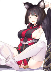 Rule 34 | 1girl, animal ears, armpits, azur lane, bell, black hair, black kimono, blunt bangs, blush, breasts, indian style, japanese clothes, jingle bell, kimono, large breasts, looking at viewer, luse maonang, obi, one eye closed, open mouth, red eyes, sash, short hair, sideboob, simple background, sitting, solo, thick eyebrows, thighhighs, white background, white thighhighs, wide sleeves, yamashiro (azur lane)