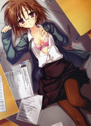 Rule 34 | 1girl, absurdres, bra, brand name imitation, breasts, brown hair, cleavage, eraser, glasses, highres, lingerie, looking at viewer, lying, muririn, on back, open clothes, open shirt, pantyhose, pencil, pov, purple eyes, shirt, short hair, solo, source request, tombow mono, underwear