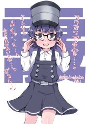 Rule 34 | 1girl, absurdres, arare (kancolle), arare kai ni (kancolle), bespectacled, black hair, blouse, brown eyes, commentary request, cosplay, cowboy shot, dr. slump, dress, glasses, hat, highres, kantai collection, kitahama (siroimakeinu831), long sleeves, looking at viewer, name connection, norimaki arale, norimaki arale (cosplay), pinafore dress, shirt, short hair, simple background, sleeveless dress, solo, translation request, white background, white shirt