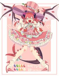 Rule 34 | &gt; &lt;, 1girl, blush, dated, dress, dress flower, elizabeth bathory (fate), elizabeth bathory (fate/extra ccc), elizabeth bathory (third ascension) (fate), fang, fate/extra, fate/extra ccc, fate/grand order, fate (series), flower, frills, full body, hat, heart, high heels, highres, horns, leaf, long hair, open mouth, pink flower, pink hat, red hair, rose, solo, striped clothes, striped headwear, stuffed animal, stuffed pig, stuffed squirrel, stuffed toy, tail, uotsu (sabakou), white footwear, wings