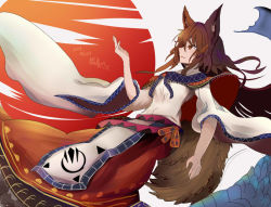 Rule 34 | 1girl, animal ears, brooch, brown hair, capelet, dated, embellished costume, from side, hair ornament, houdukixx, imaizumi kagerou, jewelry, long hair, one-hour drawing challenge, profile, red eyes, sash, signature, smile, solo, tail, touhou, traditional clothes, wide sleeves, wolf ears, wolf tail