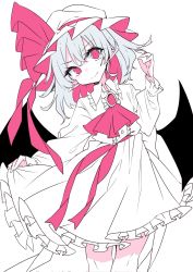Rule 34 | 1girl, ascot, bat wings, brooch, dress, fang, feet out of frame, flat color, frills, hat, hat ribbon, highres, jewelry, light smile, looking at viewer, mob cap, muraryo, pointy ears, puffy sleeves, red eyes, red ribbon, remilia scarlet, ribbon, short hair, simple background, skin fang, skirt, solo, touhou, white background, white dress, white skirt, wings